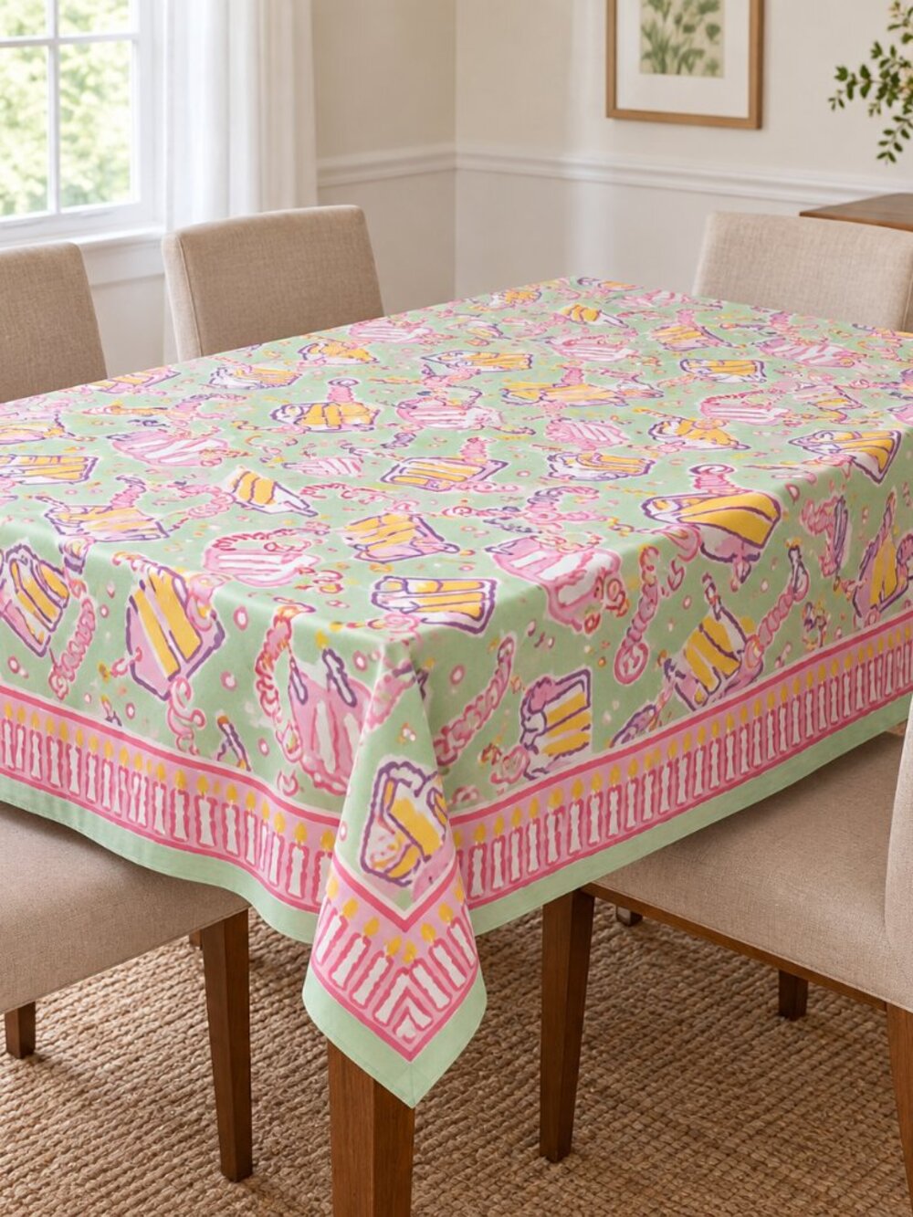 Pomegranate 60x90 Birthday Cake Cotton Tablecloth Pink Green Party